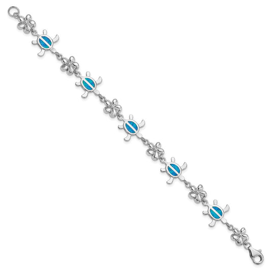 Sterling Silver Rhodium-plated Polished 7 inch Created Blue Opal Tortoise with Flower Bracelet QG3114-7