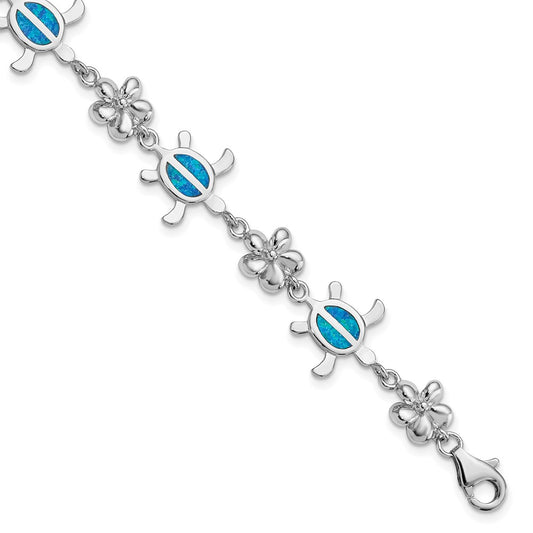 Sterling Silver Rhodium-plated Polished 7 inch Created Blue Opal Tortoise with Flower Bracelet QG3114-7
