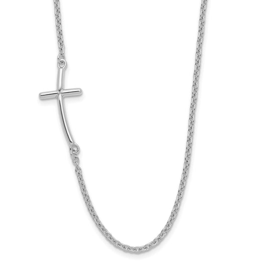 Sterling Silver Rh-plated Large Off-Set Sideways Curved Cross NecklaceQG3466-19