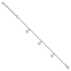 Sterling Silver Polished Pink Enamel Flowers w/1.5in Ext Children's Bracele QG3514-5.5