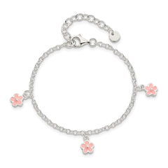 Sterling Silver Polished Pink Enamel Flowers w/1.5in Ext Children's Bracele QG3514-5.5
