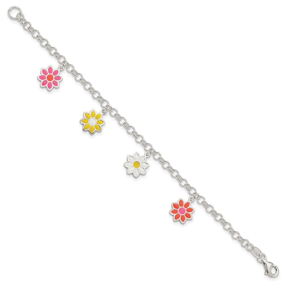Sterling Silver Polished Multi-color Enamel Flowers Children's Bracelet QG3515-6