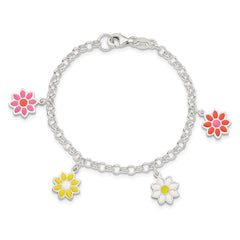 Sterling Silver Polished Multi-color Enamel Flowers Children's Bracelet QG3515-6