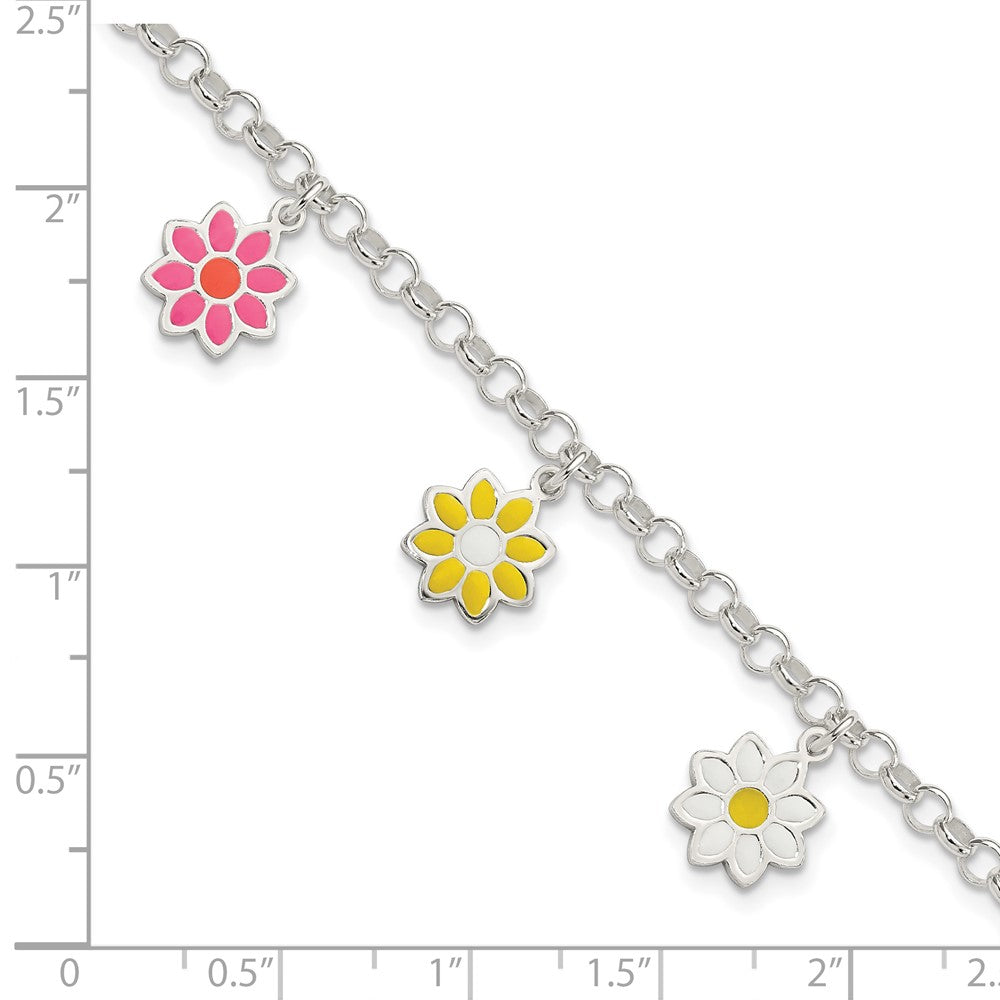 Sterling Silver Polished Multi-color Enamel Flowers Children's Bracelet QG3515-6