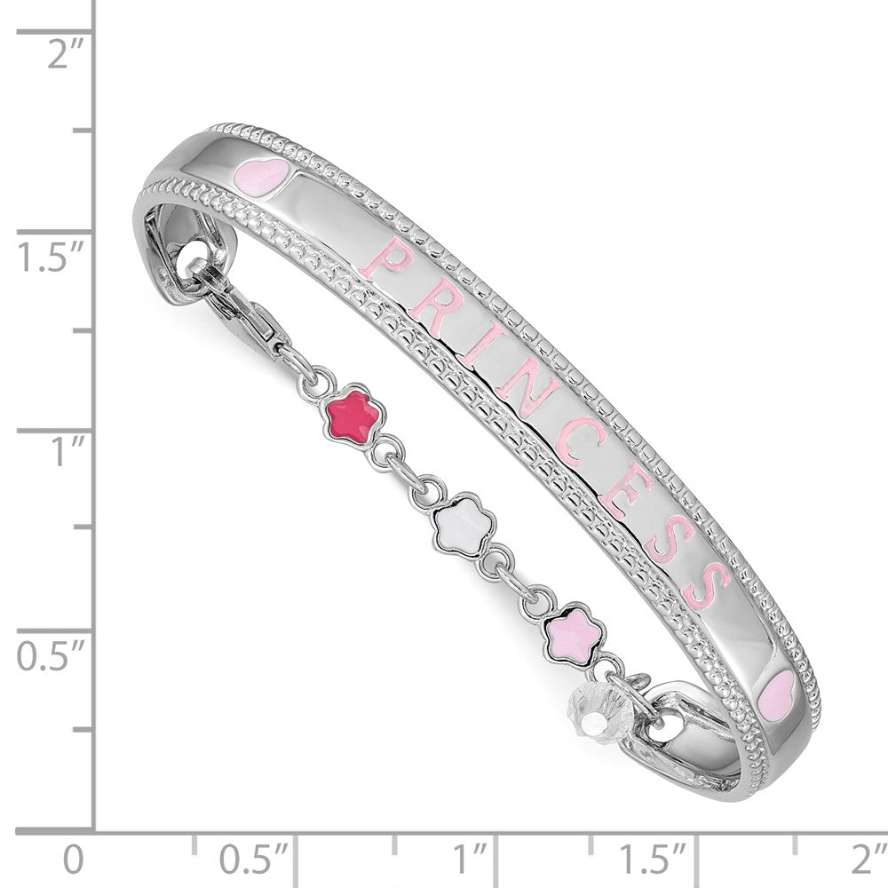 Sterling Silver Rhodium-plated Polished & Beaded Crystal & Multi-color Enameled PRINCESS with Chain Baby Bangle QG3535