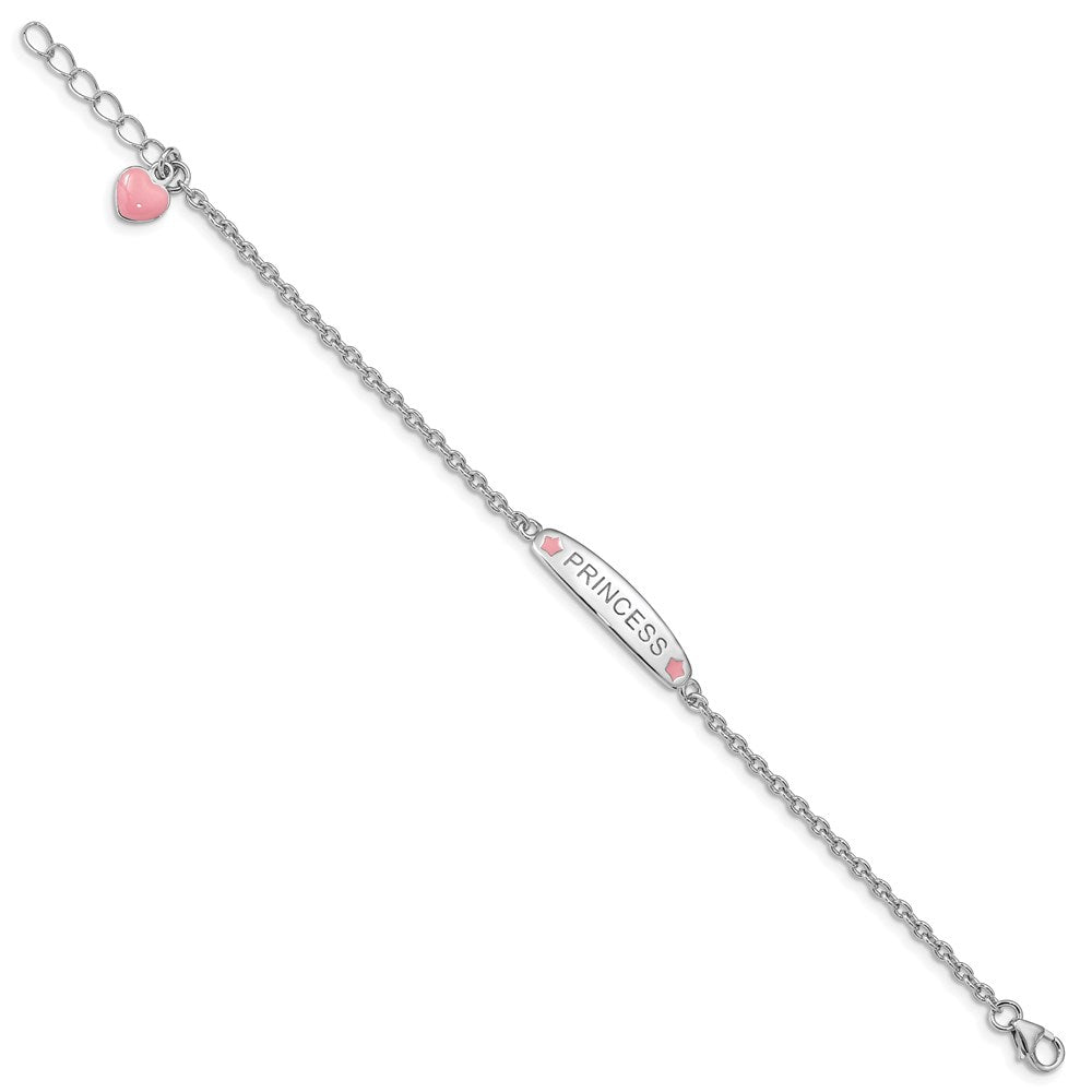 Sterling Silver Rhodium-plated Polished & Pink Enameled PRINCESS with 1 Inch Extension Children's Bracelet QG3537-6