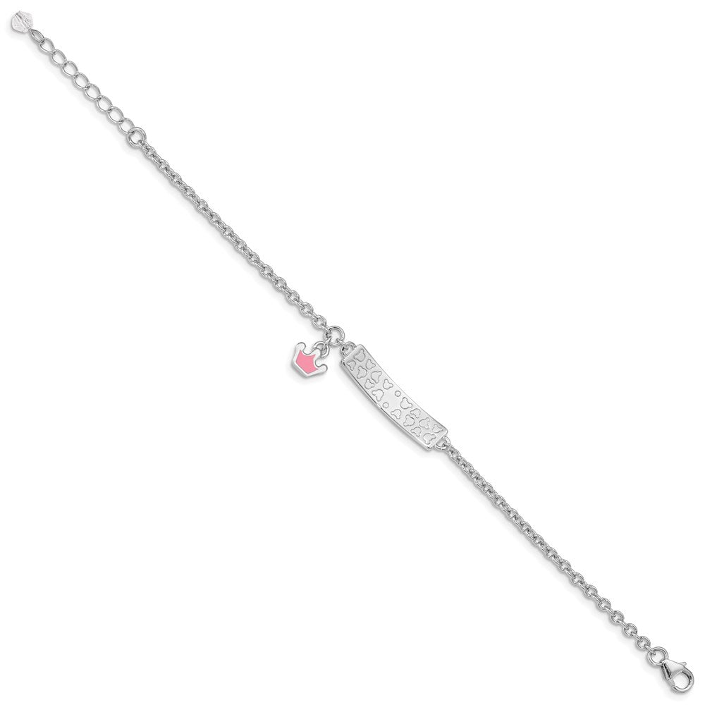 Sterling Silver Rhodium-plated Polished & Pink Enameled Crown with 1 Inch Extension Children's ID Bracelet QG3538