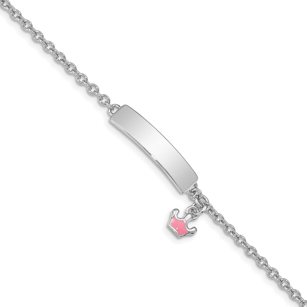 Sterling Silver Rhodium-plated Polished & Pink Enameled Crown with 1 Inch Extension Children's ID Bracelet QG3538