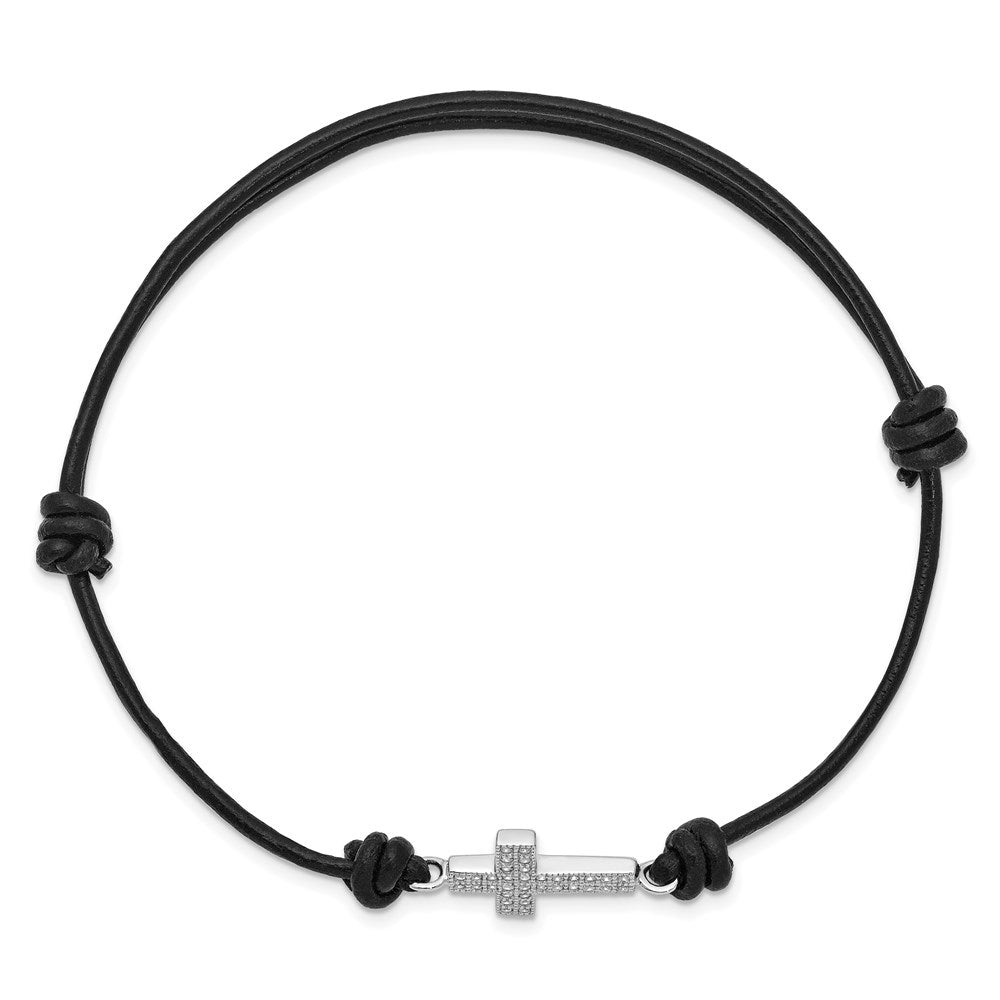 Sterling Silver Rhodium-plated CZ Cross Black Leather Adjustable Bracelet QG3570