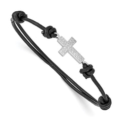 Sterling Silver Rhodium-plated CZ Cross Black Leather Adjustable Bracelet QG3570