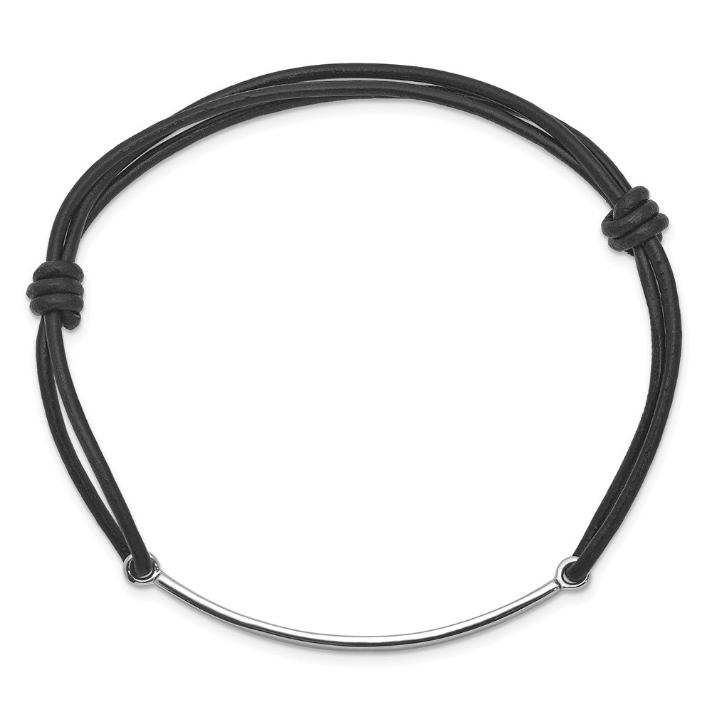 Sterling Silver Rhodium-plated ID Plate w/Black Leather Adjustable Bracelet QG3574