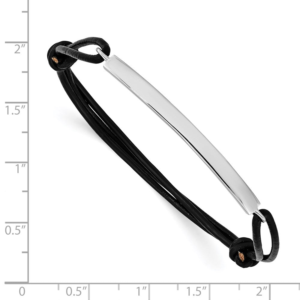 Sterling Silver Rhodium-plated ID Plate w/Black Leather Adjustable Bracelet QG3574