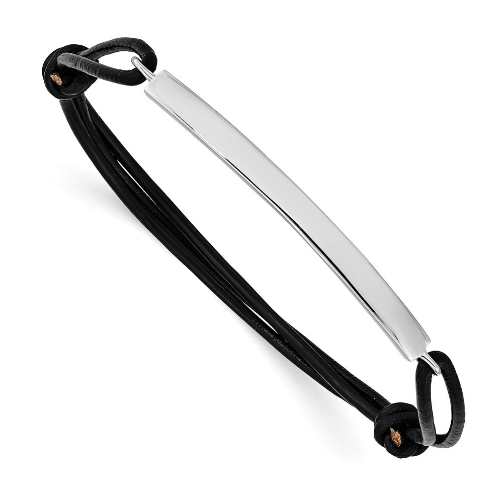 Sterling Silver Rhodium-plated ID Plate w/Black Leather Adjustable Bracelet QG3574