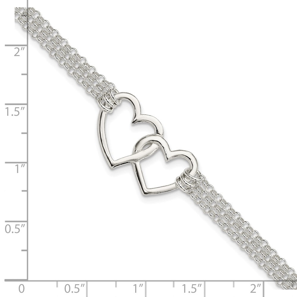 Sterling Silver Polished 3-strand w/.5in. Ext. Heart Bracelet QG3608-7