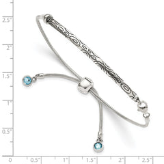 Sterling Silver Antiqued Blue Crystal Round Bezel Adjustable Bracelet QG3637