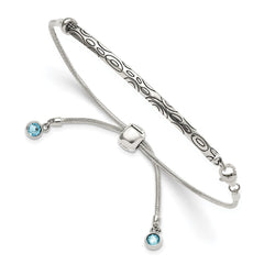 Sterling Silver Antiqued Blue Crystal Round Bezel Adjustable Bracelet QG3637