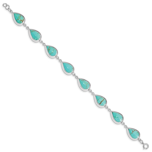 Sterling Silver Rhodium-plated Teardrop Synthetic Turquoise Bracelet QG3641-7.75