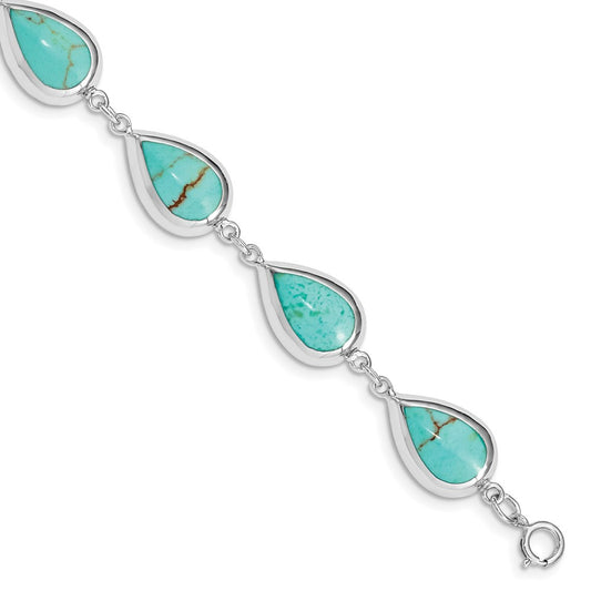 Sterling Silver Rhodium-plated Teardrop Synthetic Turquoise Bracelet QG3641-7.75