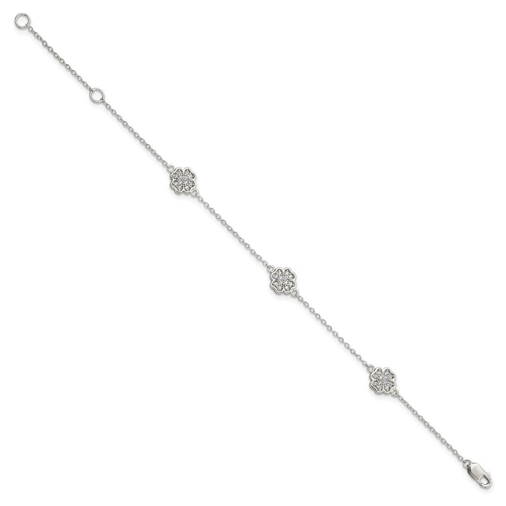 Sterling Silver Rhodium-plated Polished CZ Four Leaf Clover 7in Bracelet QG3910-7