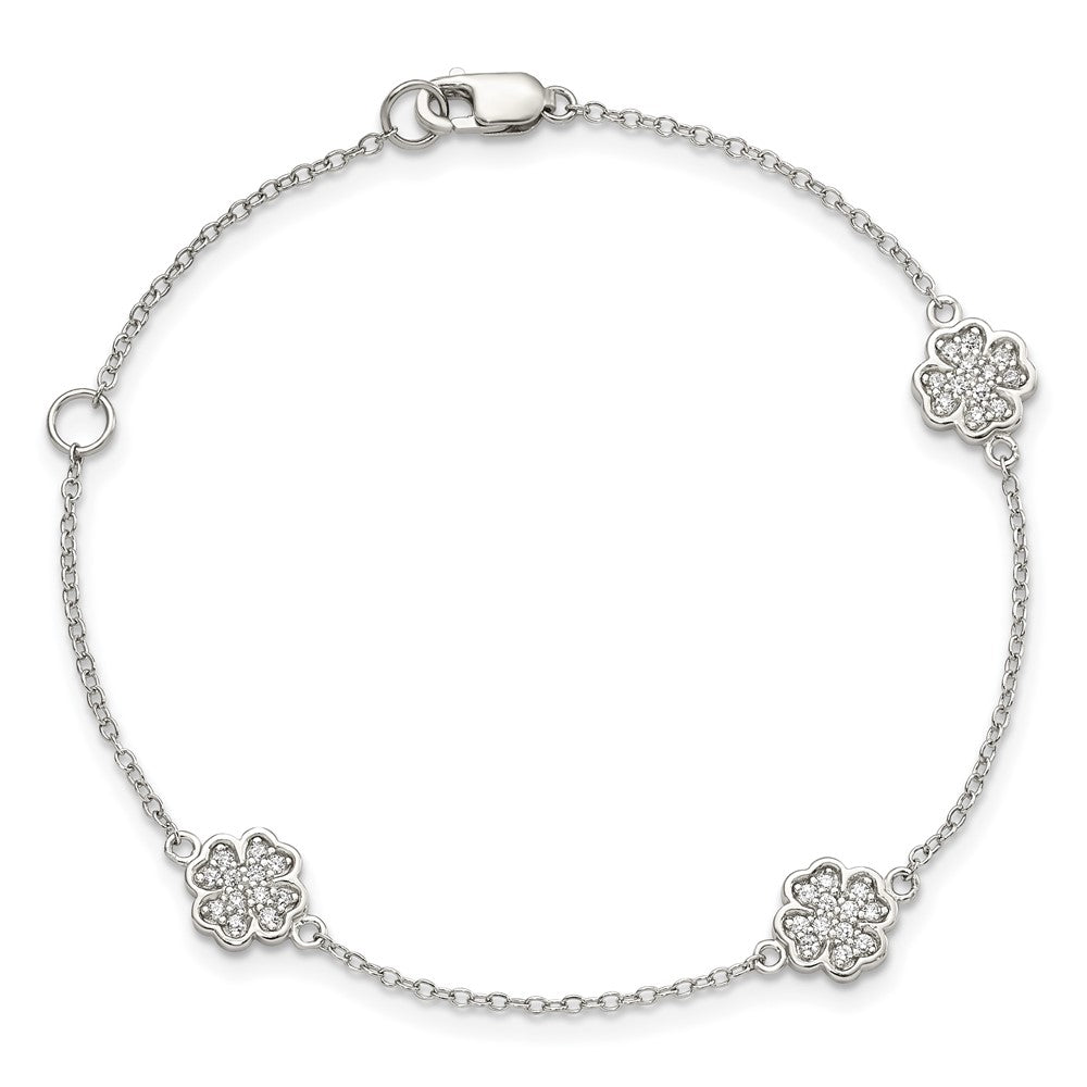 Sterling Silver Rhodium-plated Polished CZ Four Leaf Clover 7in Bracelet QG3910-7