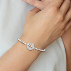 Sterling Silver Rhodium-plated CZ Cross Polished Beaded Stretch Bracelet QG3912