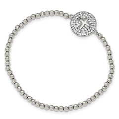 Sterling Silver Rhodium-plated CZ Cross Polished Beaded Stretch Bracelet QG3912