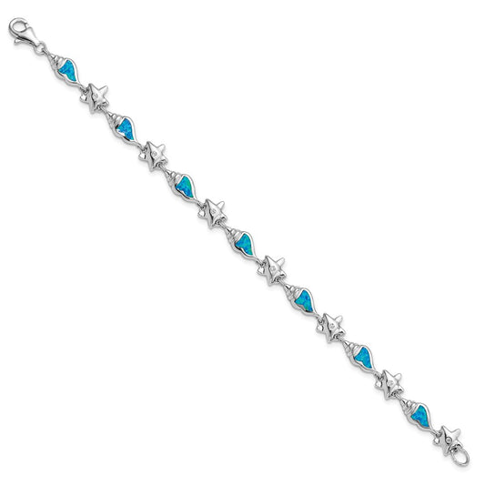 Sterling Silver Rhodium Starfish CZ and Created Opal Seashell 7.25 inch Bracelet QG3987-7.25