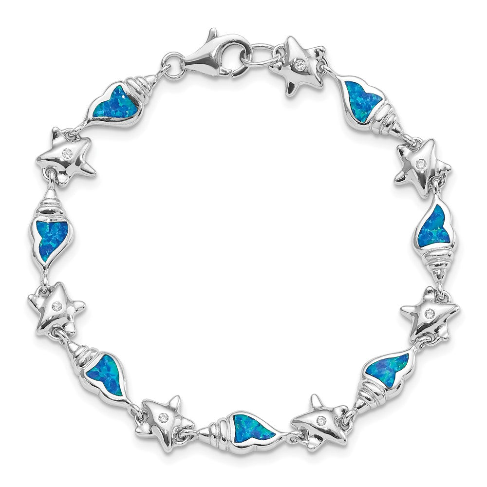 Sterling Silver Rhodium Starfish CZ and Created Opal Seashell 7.25 inch Bracelet QG3987-7.25