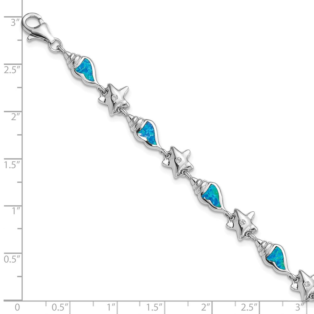 Sterling Silver Rhodium Starfish CZ and Created Opal Seashell 7.25 inch Bracelet QG3987-7.25