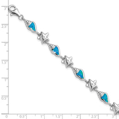 Sterling Silver Rhodium Starfish CZ and Created Opal Seashell 7.25 inch Bracelet QG3987-7.25