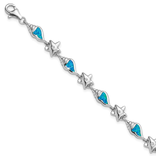 Sterling Silver Rhodium Starfish CZ and Created Opal Seashell 7.25 inch Bracelet QG3987-7.25
