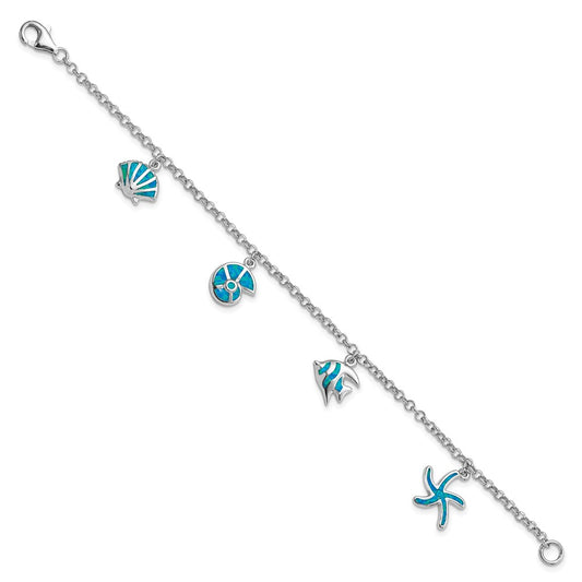 Sterling Silver Rhodium Created Opal Fish and Shells Charm 7.25 inch Bracelet QG3989-7.25