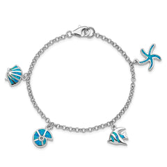 Sterling Silver Rhodium Created Opal Fish and Shells Charm 7.25 inch Bracelet QG3989-7.25