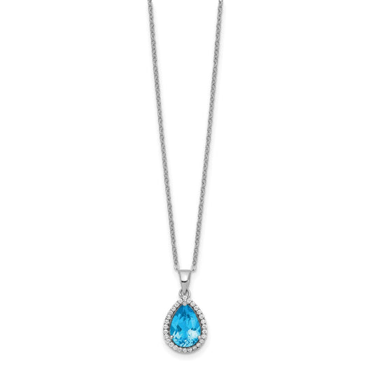 Sterling Silver Rhodium Polished Blue Topaz & CZ Necklace QG4069DEC-18