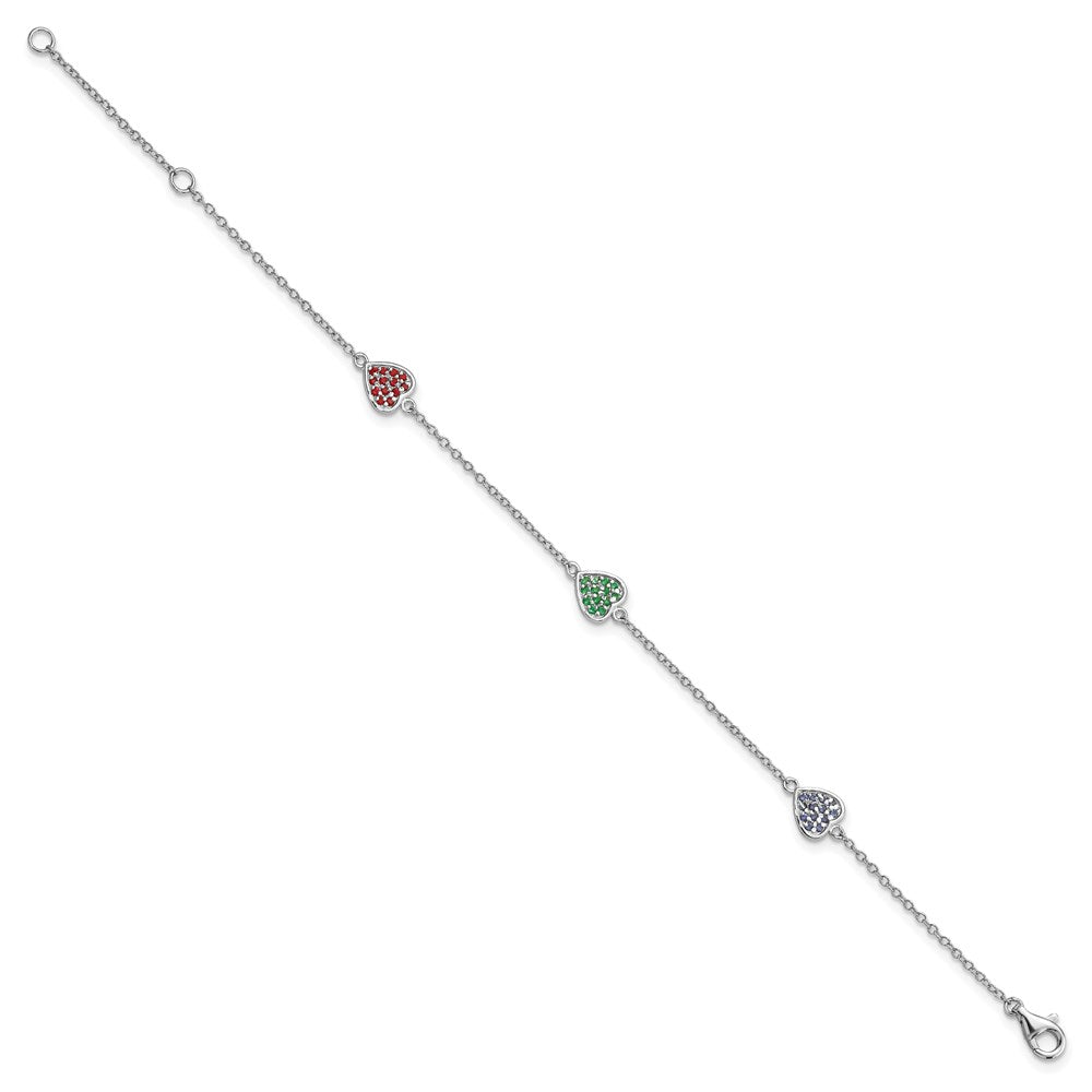 Sterling Silver Rhodium-plated Red, Green and Blue Glass Hearts with 1 Inch Extension Bracelet QG4080-6