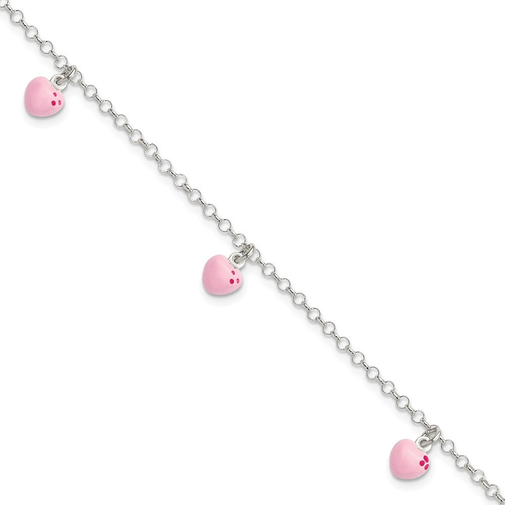 Sterling Silver Polished Pink Enameled Hearts Children's Bracelet QG4081-6