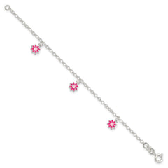 Sterling Silver Polished Pink Enameled Flowers Children's Bracelet QG4089-6
