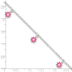 Sterling Silver Polished Pink Enameled Flowers Children's Bracelet QG4089-6