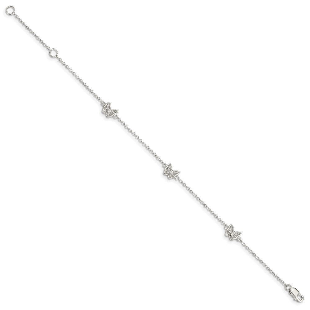 Sterling Silver Rhodium-plated Polished CZ Butterflies 6 inch Bracelet with 1 inch extension QG4098-6