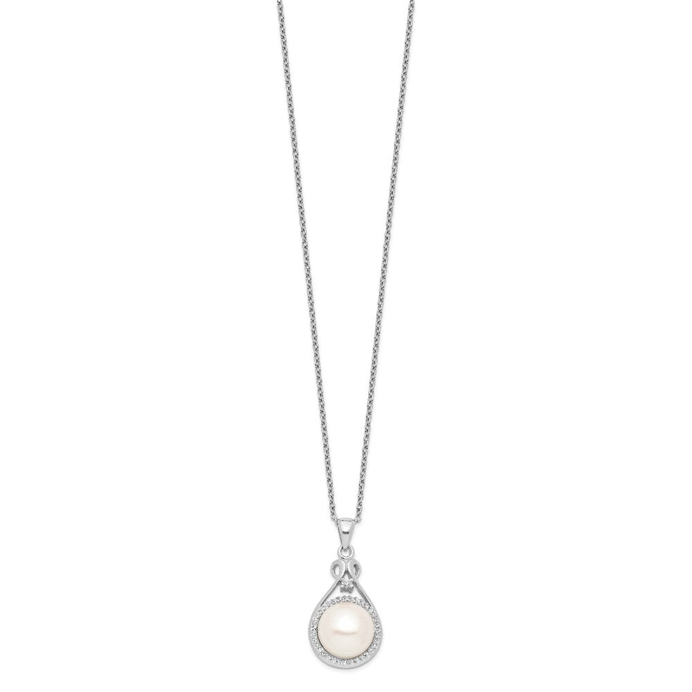 Sterling Silver Rhodium-plated 10-11mm White Button Freshwater Cultured Pearl and CZ 17 inch Necklace QG4101-17