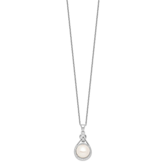 Sterling Silver Rhodium-plated 10-11mm White Button Freshwater Cultured Pearl and CZ 17 inch Necklace QG4101-17