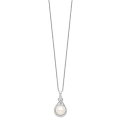 Sterling Silver Rhodium-plated 10-11mm White Button Freshwater Cultured Pearl and CZ 17 inch Necklace QG4101-17