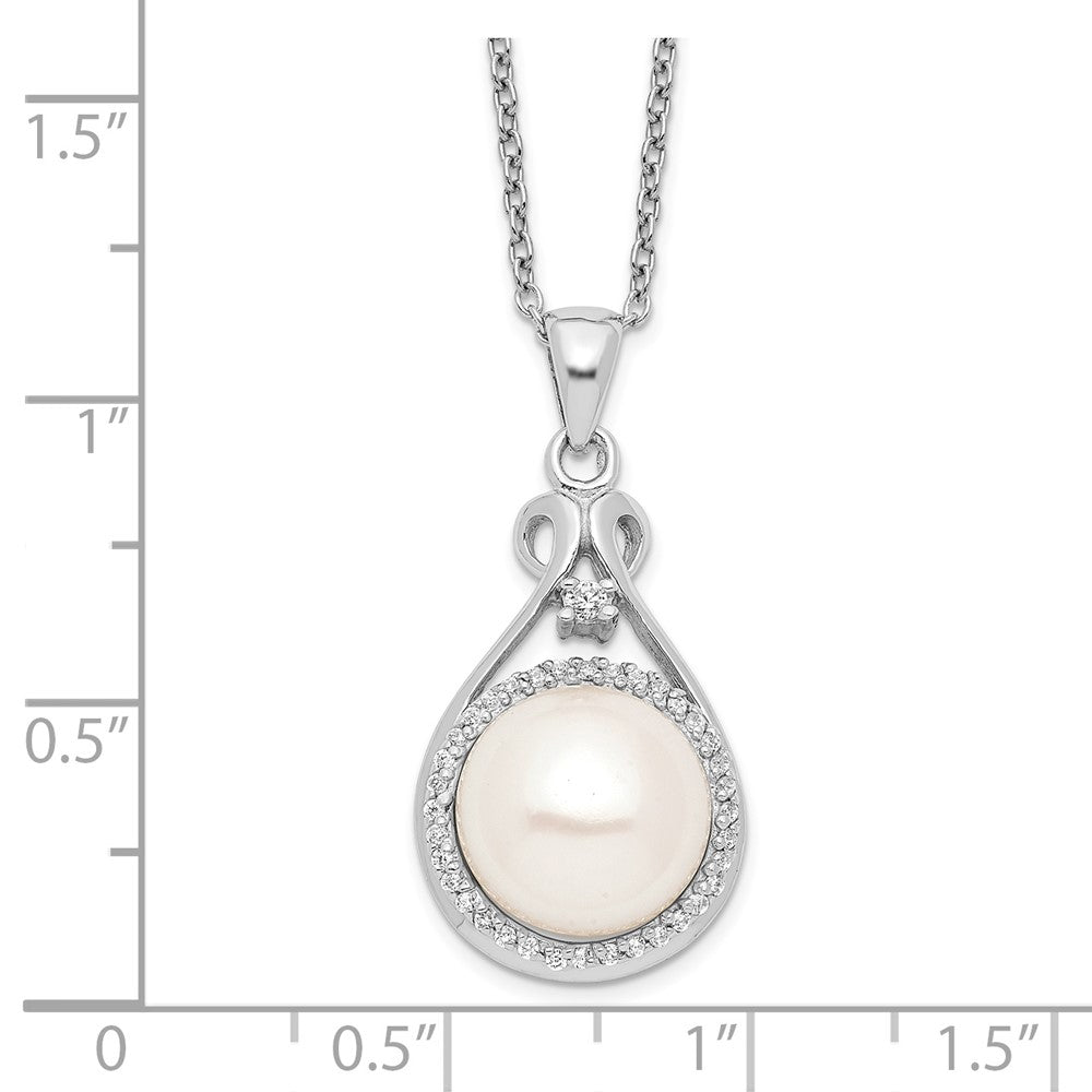 Sterling Silver Rhodium-plated 10-11mm White Button Freshwater Cultured Pearl and CZ 17 inch Necklace QG4101-17
