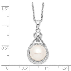 Sterling Silver Rhodium-plated 10-11mm White Button Freshwater Cultured Pearl and CZ 17 inch Necklace QG4101-17