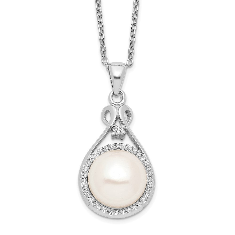 Sterling Silver Rhodium-plated 10-11mm White Button Freshwater Cultured Pearl and CZ 17 inch Necklace QG4101-17