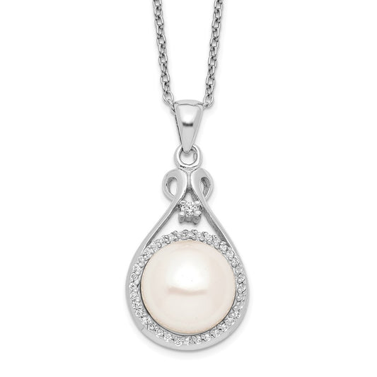 Sterling Silver Rhodium-plated 10-11mm White Button Freshwater Cultured Pearl and CZ 17 inch Necklace QG4101-17