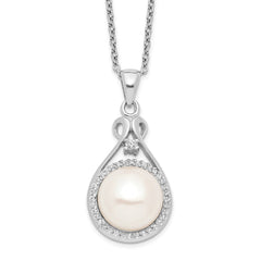 Sterling Silver Rhodium-plated 10-11mm White Button Freshwater Cultured Pearl and CZ 17 inch Necklace QG4101-17