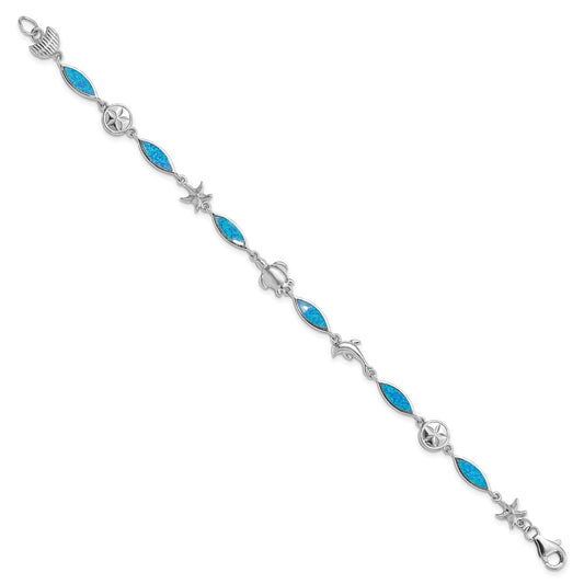 Sterling Silver Rhodium-plated Lab Created Opal Sea Life 7 inch Bracelet QG4237-7