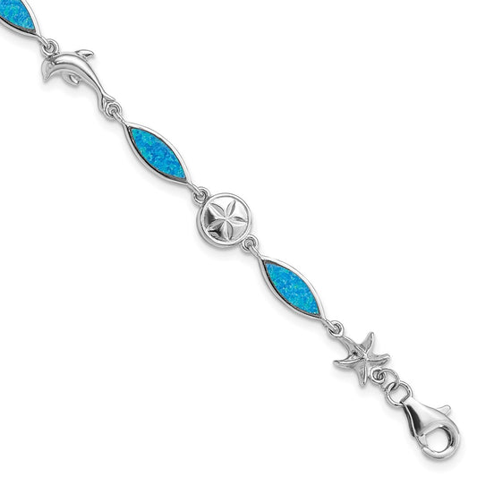 Sterling Silver Rhodium-plated Lab Created Opal Sea Life 7 inch Bracelet QG4237-7
