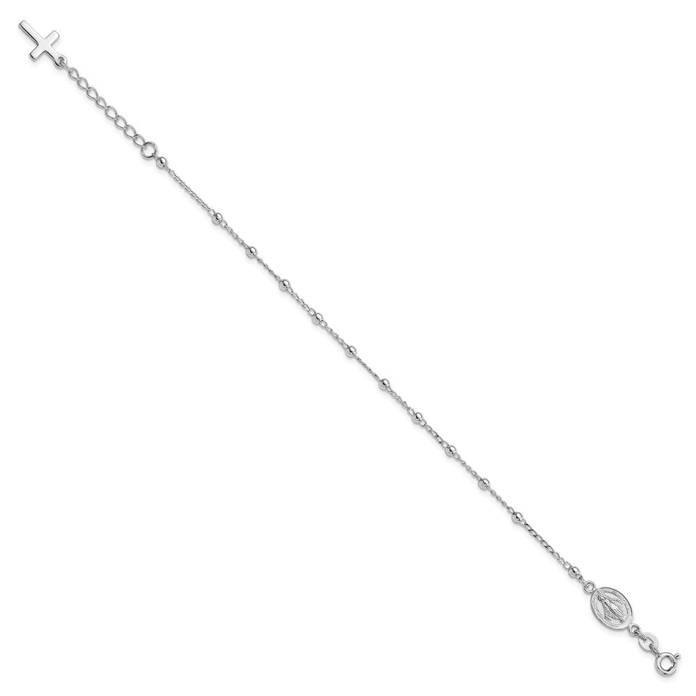 Sterling Silver Rhod-pltd Miraculous Medal/Cross w/1in ext. Bracelet QG4250-7